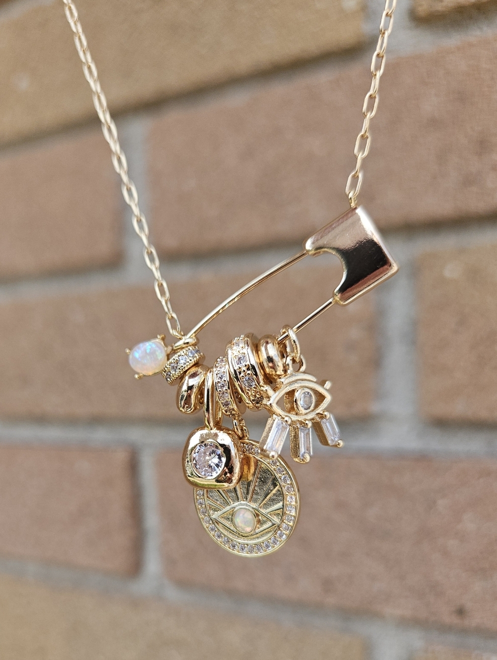 Anthropologie Gold Charm Necklace 14K Gold Plated Evil Eye Pendant Layered Chain